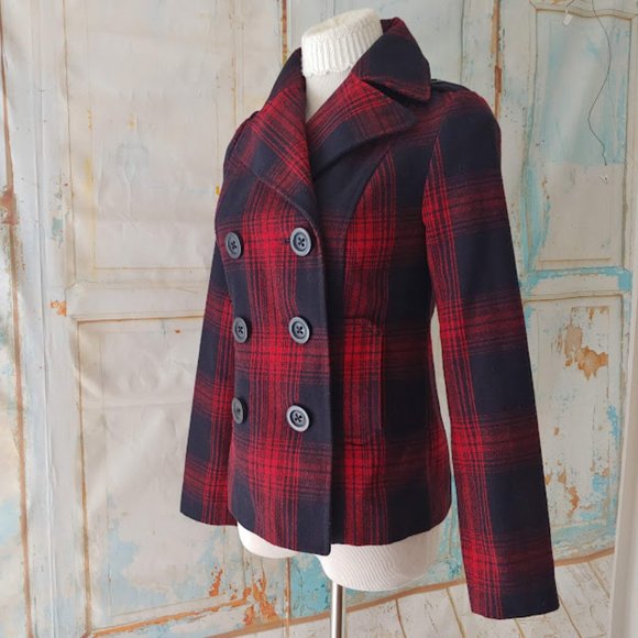 Old Navy plaid wool lined button heavy pea coat/XS/red & navy blue - Picture 3 of 11